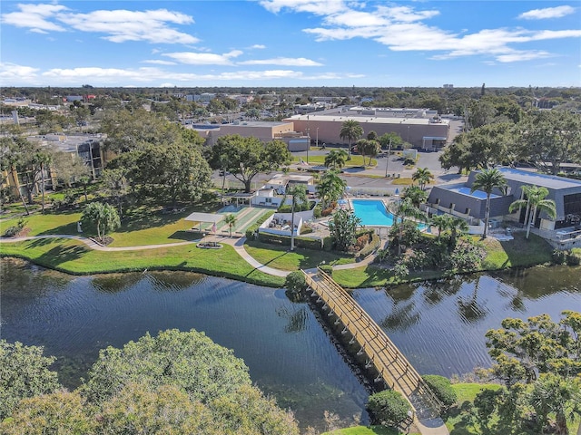 aerial view featuring a water view