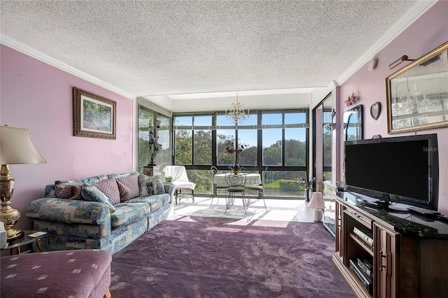 living room with a wall of windows, crown molding, carpet floors, and a textured ceiling