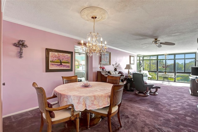 carpeted dining area with ceiling fan with notable chandelier, a textured ceiling, and crown molding