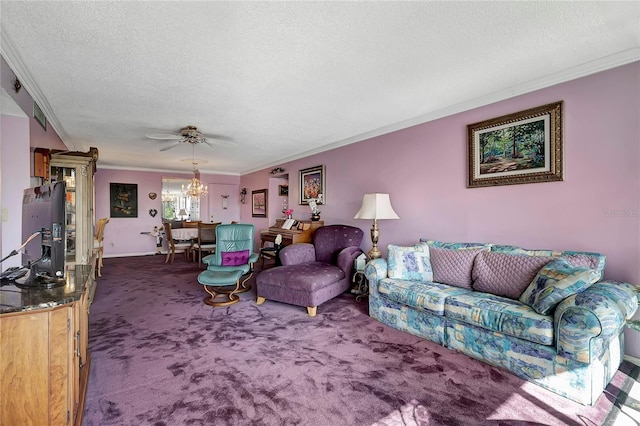 carpeted living room with crown molding, ceiling fan, and a textured ceiling