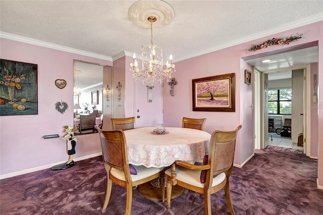 dining room with carpet flooring, a textured ceiling, a chandelier, and crown molding