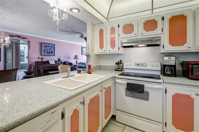 kitchen with ceiling fan with notable chandelier, white appliances, ornamental molding, and hanging light fixtures