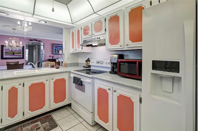 kitchen with sink, light tile patterned floors, an inviting chandelier, white appliances, and white cabinets