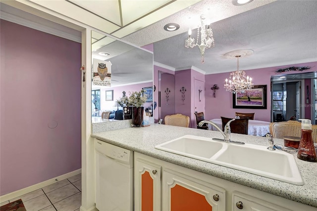 kitchen with crown molding, dishwasher, pendant lighting, and sink