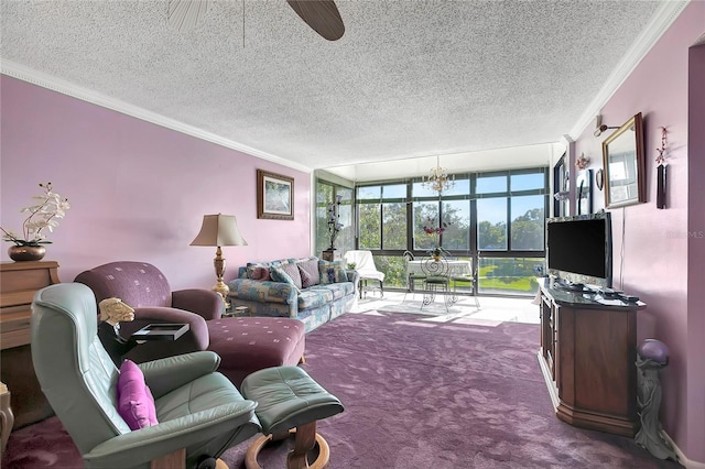 living room with a textured ceiling, dark carpet, ceiling fan, and ornamental molding