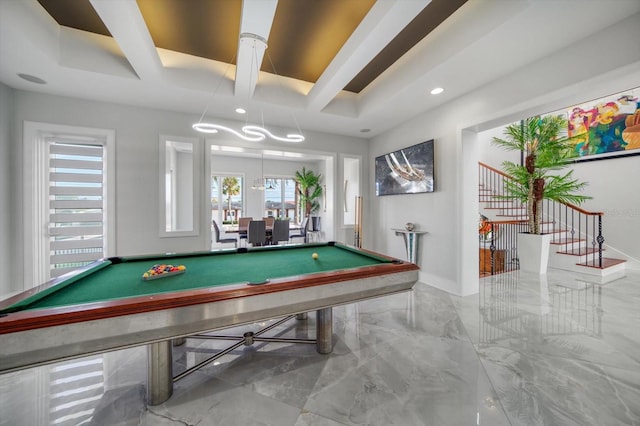 recreation room featuring light tile patterned floors, a raised ceiling, and pool table