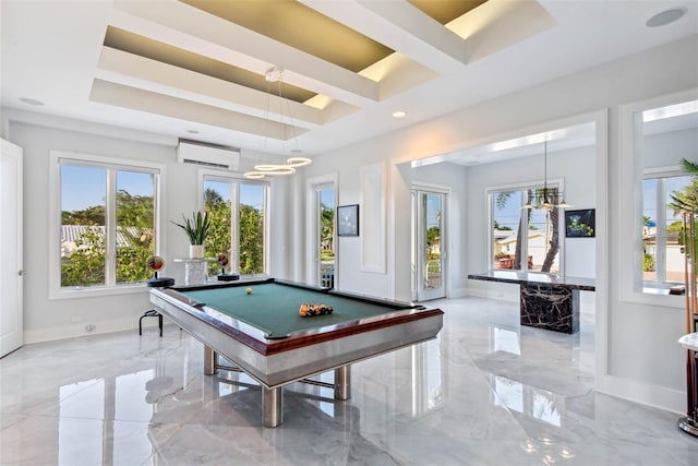 rec room featuring billiards, a tray ceiling, light tile patterned floors, and an AC wall unit