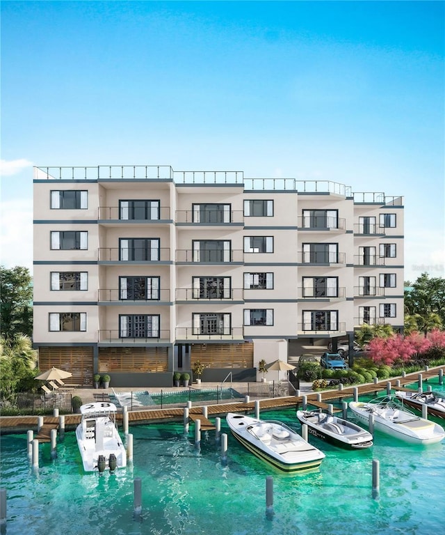 view of swimming pool featuring a boat dock and a water view