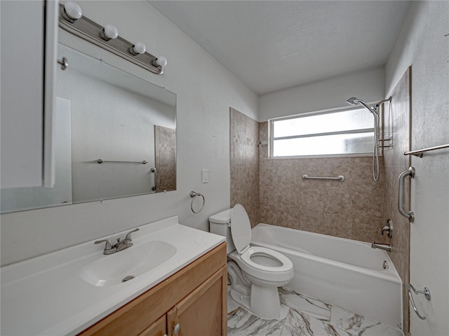 full bathroom featuring a textured ceiling, vanity, toilet, and tiled shower / bath