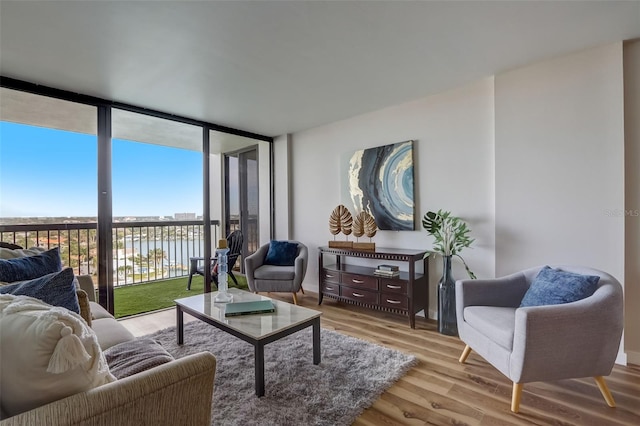 living area featuring wood finished floors and floor to ceiling windows