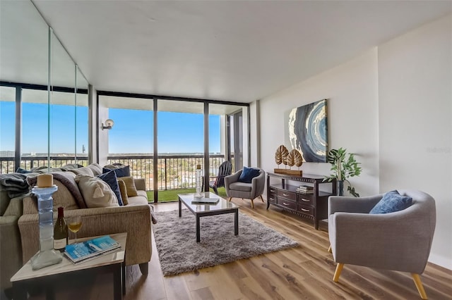 living room featuring floor to ceiling windows and wood finished floors