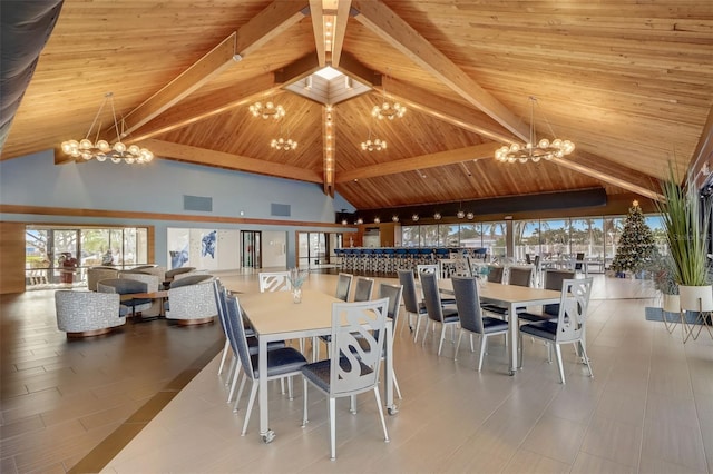 dining space featuring high vaulted ceiling, wood ceiling, a healthy amount of sunlight, and an inviting chandelier