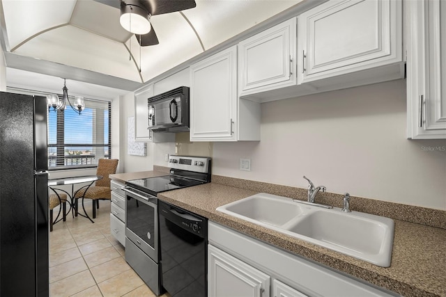 kitchen with white cabinets, an inviting chandelier, black appliances, a sink, and light tile patterned flooring