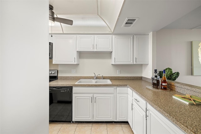 kitchen with visible vents, dishwasher, ceiling fan, white cabinetry, and a sink