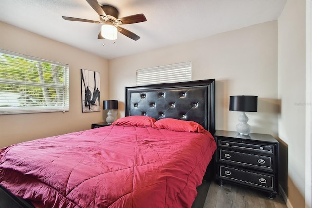 bedroom featuring ceiling fan and wood-type flooring