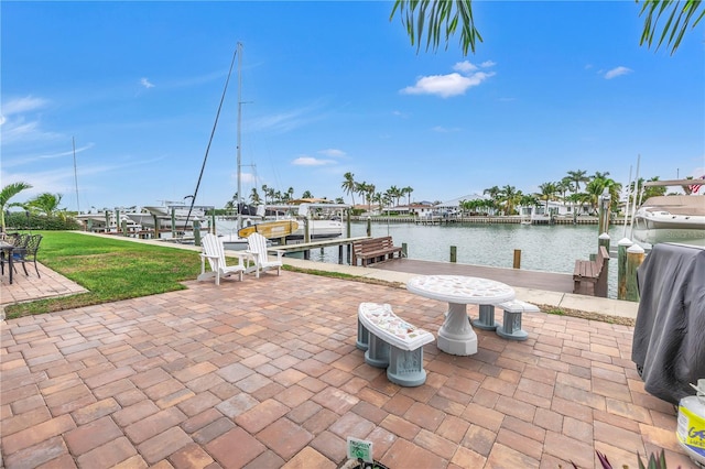 view of terrace featuring a water view and a dock