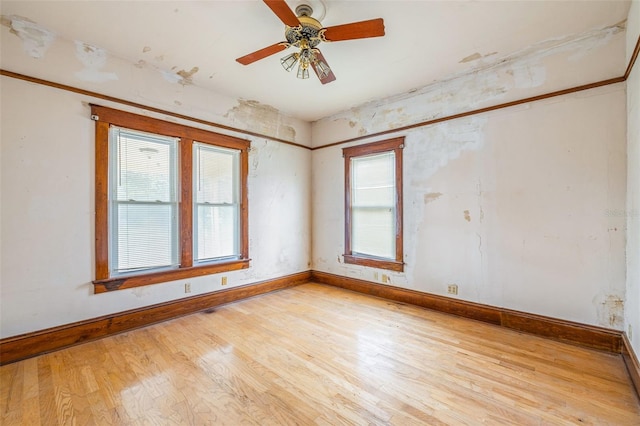 spare room with ceiling fan and light wood-type flooring