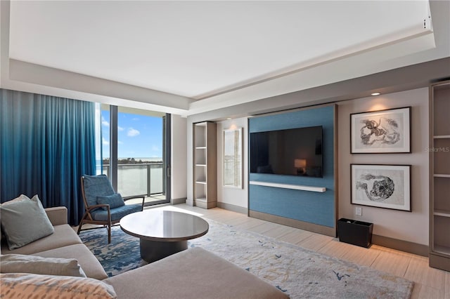 living room with light hardwood / wood-style floors and a raised ceiling