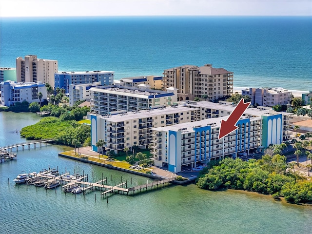 drone / aerial view with a water view