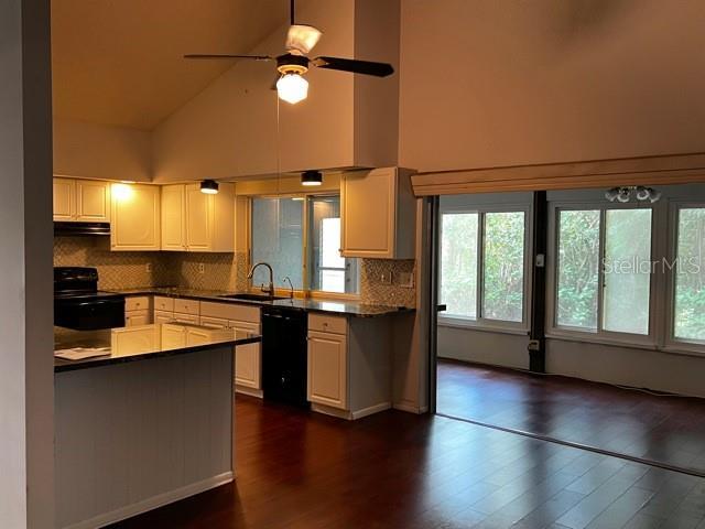 kitchen with white cabinetry, sink, ventilation hood, and black appliances