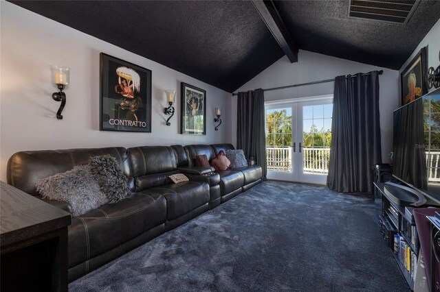 carpeted living room featuring french doors and vaulted ceiling with beams