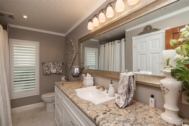 bathroom with crown molding, toilet, wood ceiling, tile flooring, and vanity