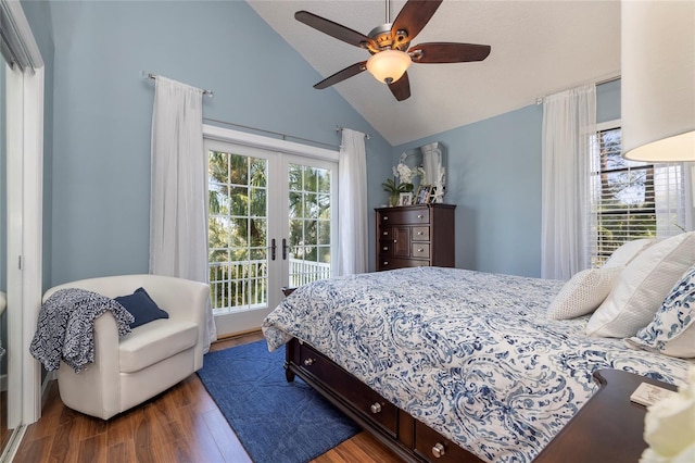 bedroom with dark hardwood / wood-style flooring, high vaulted ceiling, french doors, ceiling fan, and access to outside