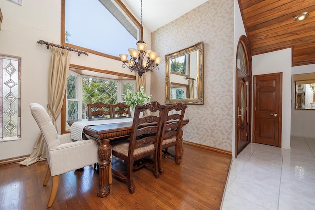 761 Soundview Dr, Palm Harbor, FL 34683 - dining room featuring lofted ceiling, a chandelier, wallpapered walls, baseboards, and wood finished floors