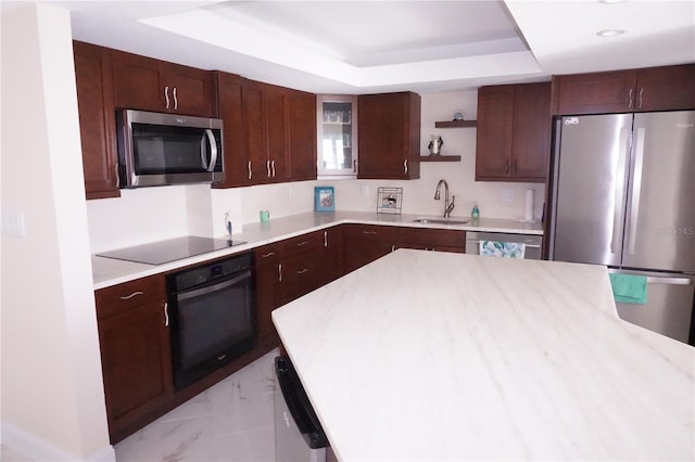 kitchen featuring dark brown cabinets, sink, a tray ceiling, and black appliances