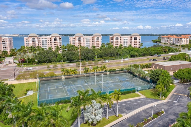 birds eye view of property featuring a water view