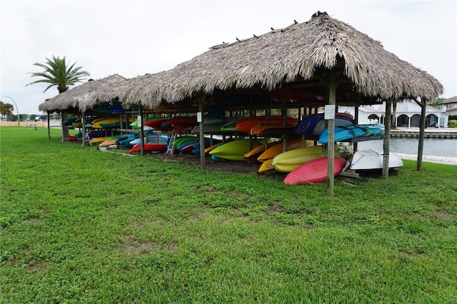 view of jungle gym with a lawn and a gazebo