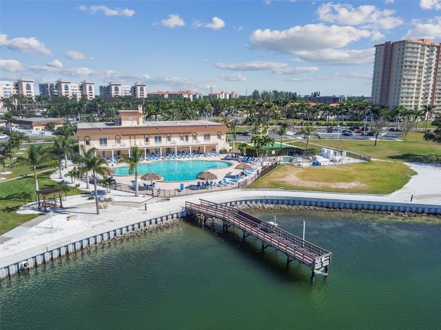 aerial view featuring a water view