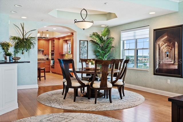 dining area with a tray ceiling and light wood-type flooring