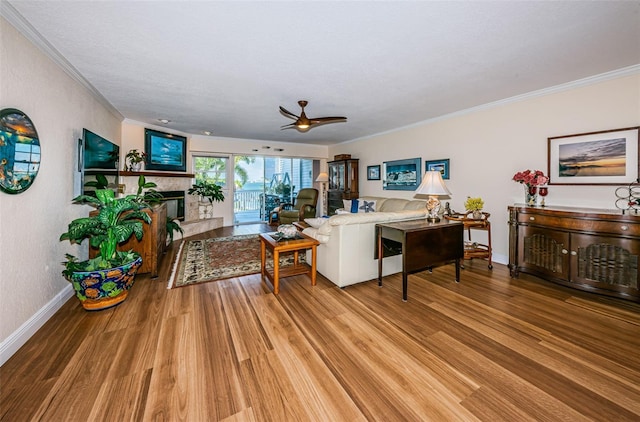 living room featuring crown molding, ceiling fan, and light wood-type flooring