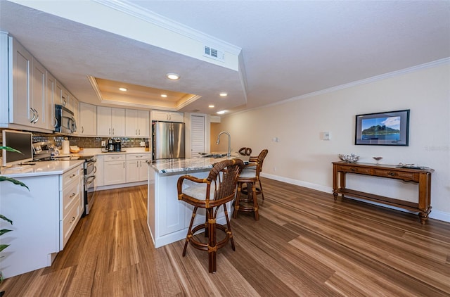 kitchen with a sink, appliances with stainless steel finishes, backsplash, a raised ceiling, and a kitchen bar