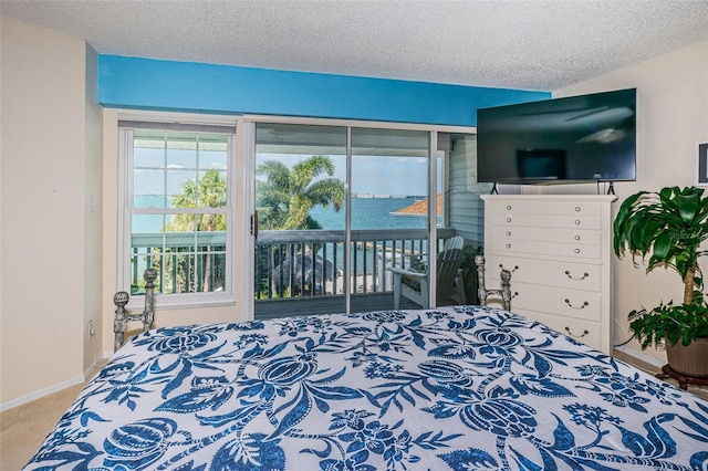 carpeted bedroom featuring access to exterior, a textured ceiling, and baseboards