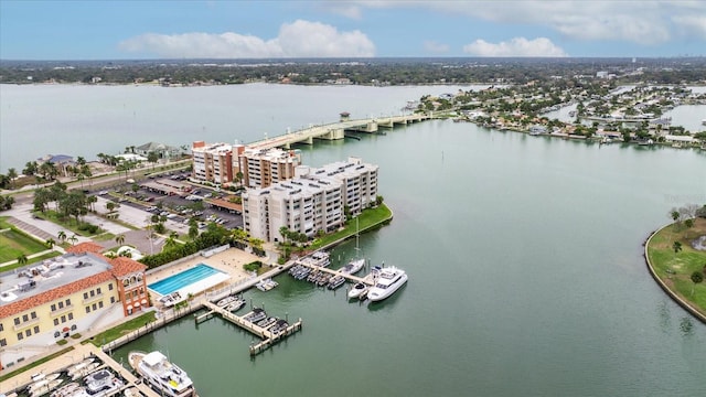 birds eye view of property featuring a water view