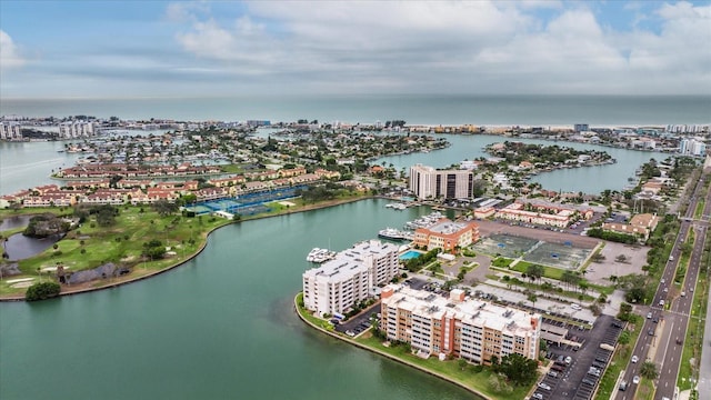 bird's eye view with a water view