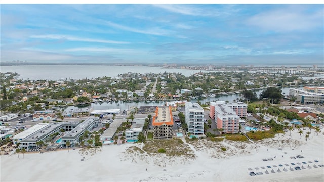 bird's eye view with a beach view and a water view