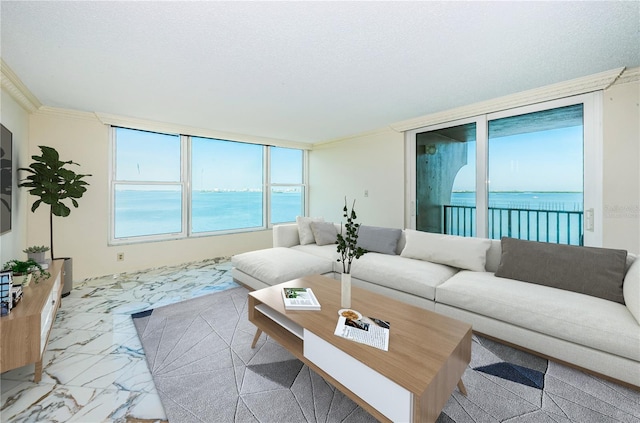 living room with a water view, crown molding, and a textured ceiling