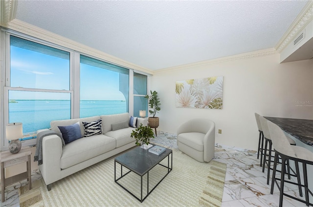 living room featuring ornamental molding, a water view, and a textured ceiling