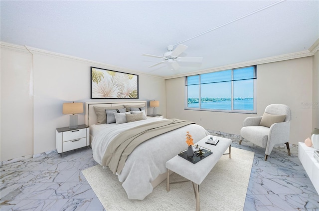 bedroom with ornamental molding, a textured ceiling, and ceiling fan