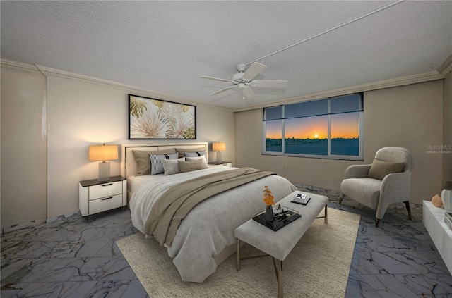 634 Edgewater Dr Unit 644, Dunedin, FL 34698 - bedroom featuring a textured ceiling, marble finish floor, ceiling fan, and crown molding