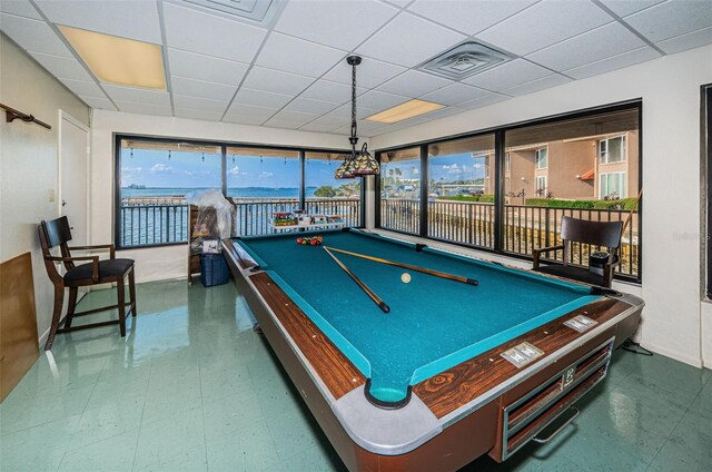 recreation room with a paneled ceiling and billiards