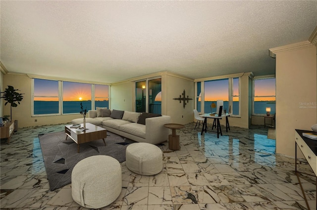 634 Edgewater Dr Unit 644, Dunedin, FL 34698 - living room featuring marble finish floor, a textured ceiling, and ornamental molding