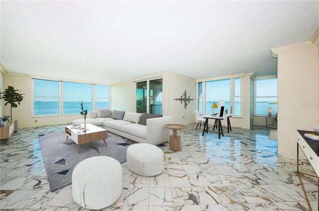 living room with crown molding, a water view, and plenty of natural light