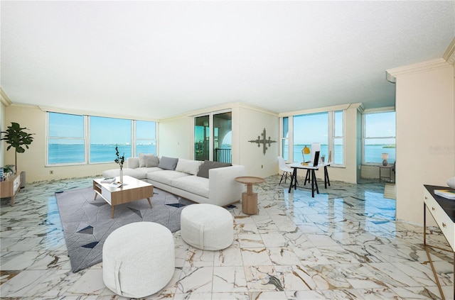 634 Edgewater Dr Unit 644, Dunedin, FL 34698 - living area featuring marble finish floor, crown molding, and a healthy amount of sunlight
