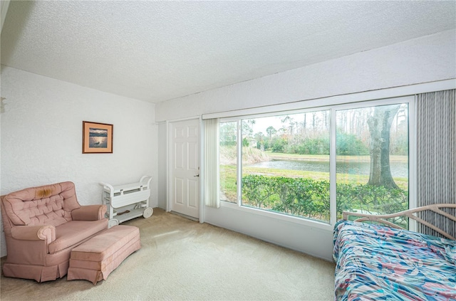 interior space featuring light colored carpet, a textured ceiling, and a water view