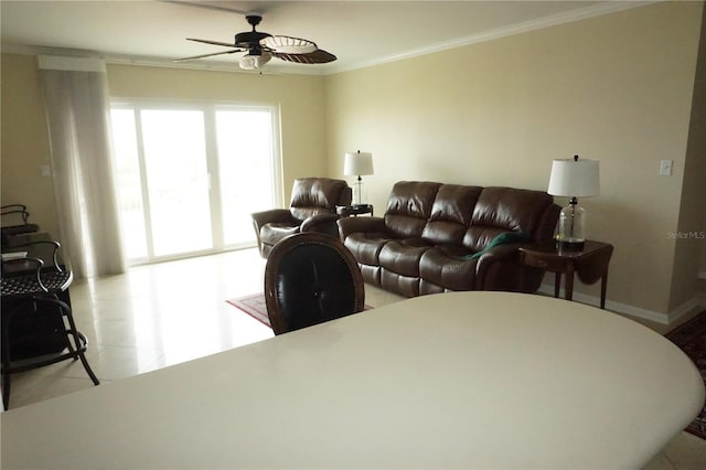 tiled living room featuring ceiling fan and ornamental molding