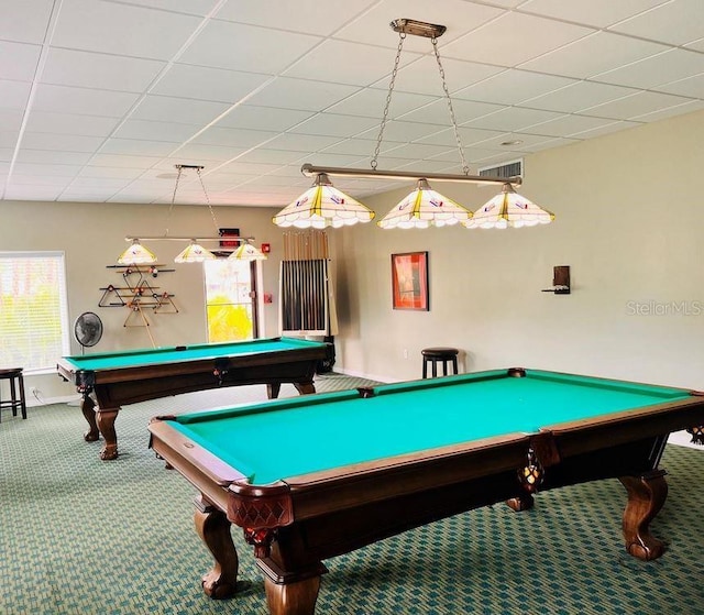 rec room with billiards, a paneled ceiling, and carpet flooring